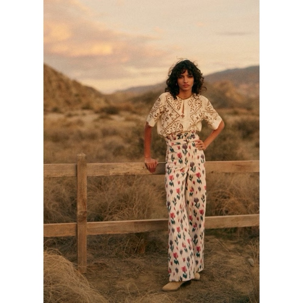 Sezane Marty High Rise Wide Leg Belted Paperbag Waist Trousers in Daliana Floral